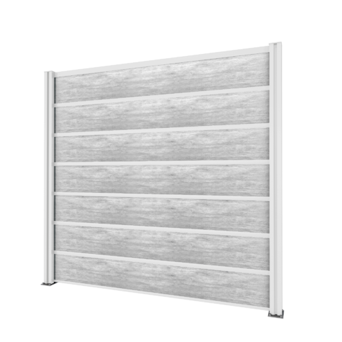 Zaun / Sichtschutz Grundelement: 2 Pfosten weiß + Schichtstoffplatten Betonoptik, 202 x 186 cm